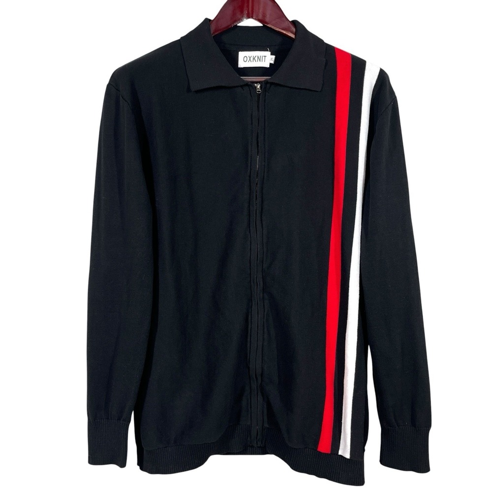 OXKNIT Retro 1970s Zip-Up Knit Jacket Mens XL Black Striped Collared Cardigan